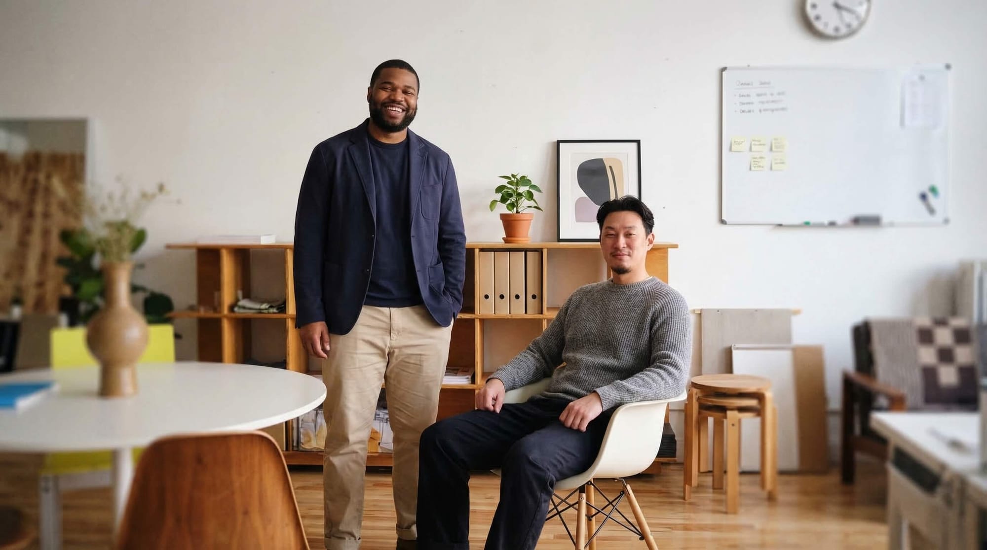 Two staffing professionals in a modern office, ready to share their recruitment success story