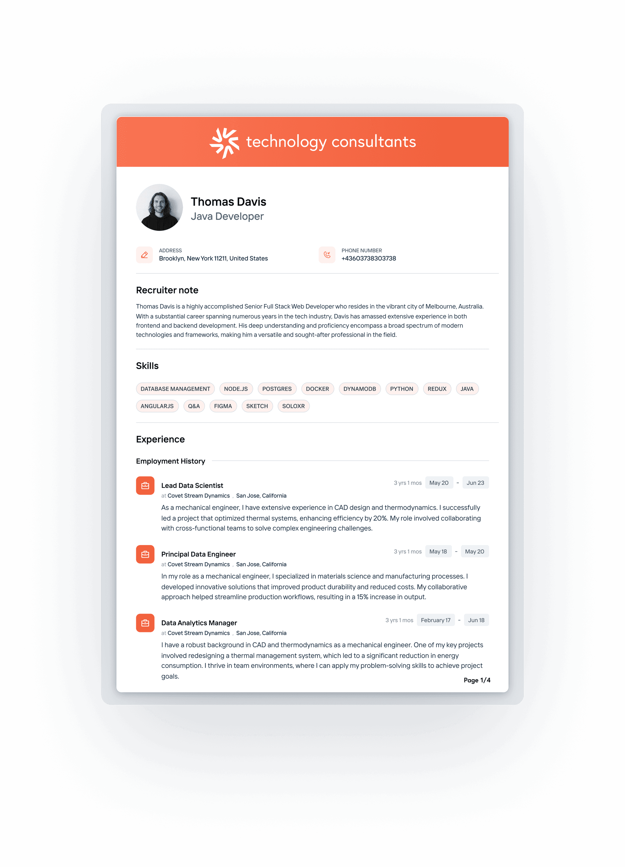 Branded candidate resume with agency header, skills, and employment history