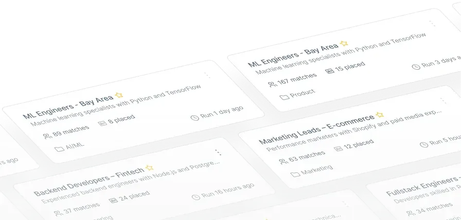 Saved recruitment search cards for ML Engineers, Backend Developers, and Marketing Leads with match counts