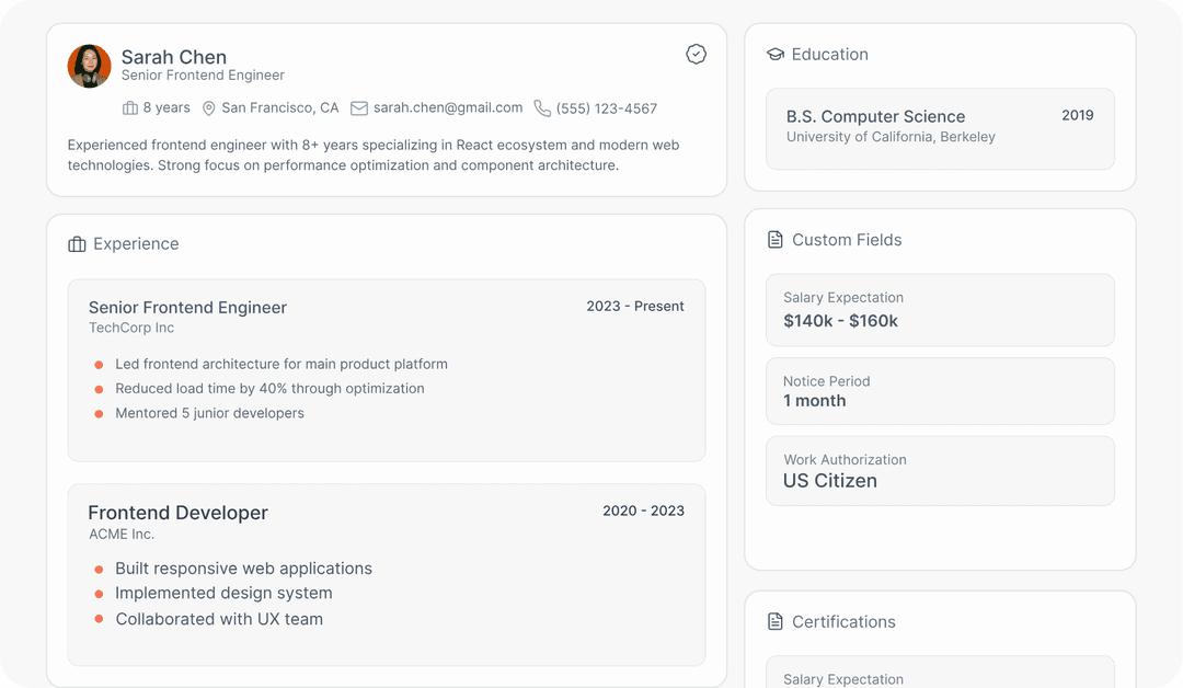 Candidately candidate profile view with AI-generated summary, skills, and match score