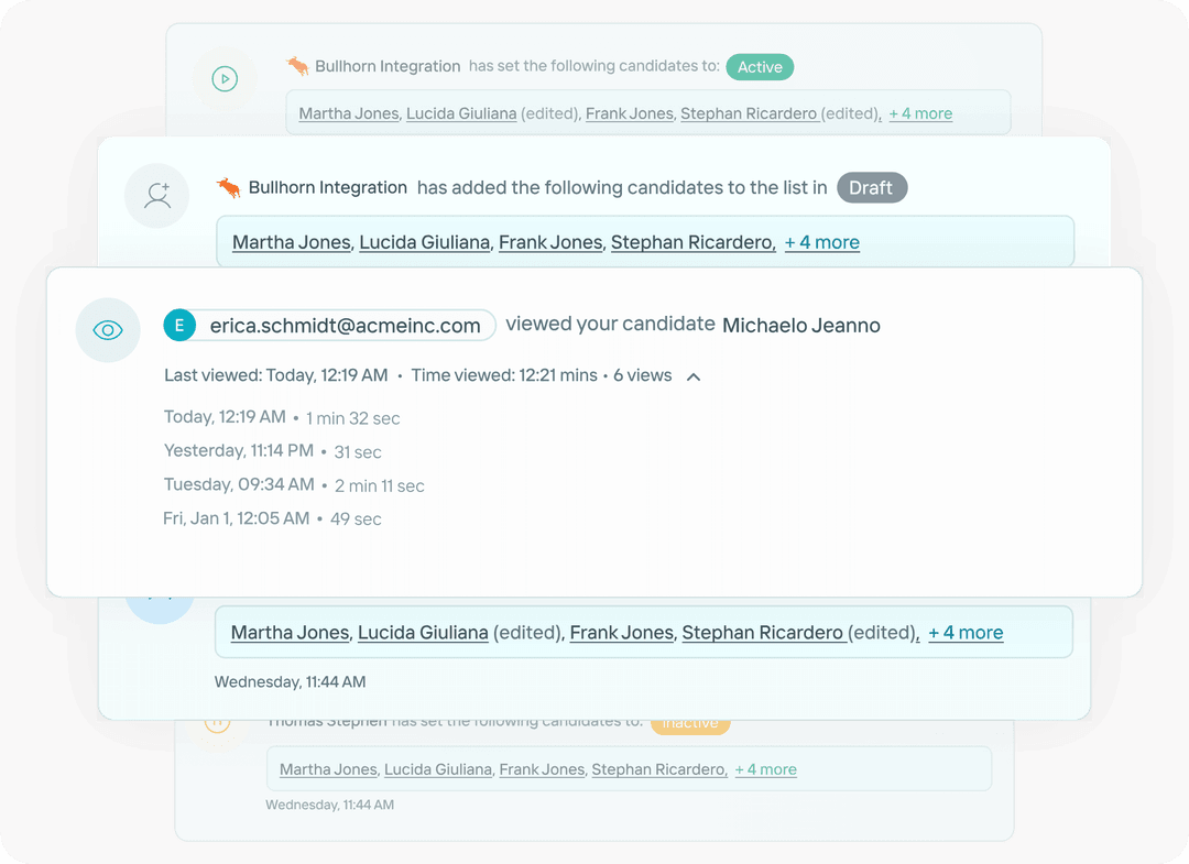 Candidately client collaboration view showing shared candidate profiles and team notes