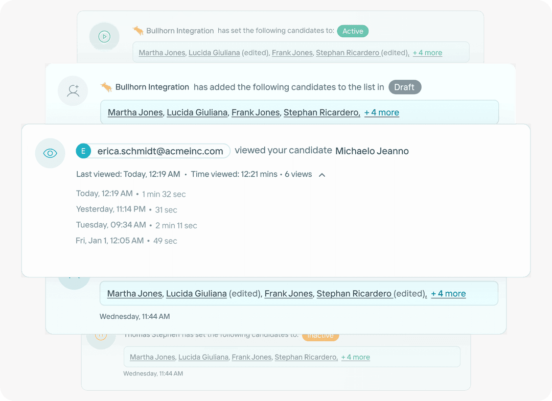 Candidately client collaboration view showing shared candidate profiles and team notes