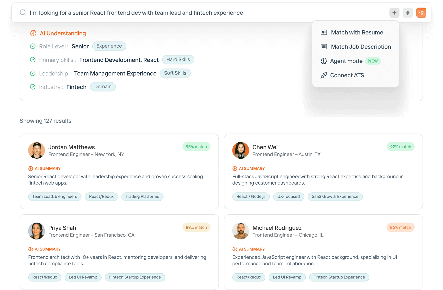 Candidately Candidate Search AI showing natural language search with AI-ranked candidate results and match scores