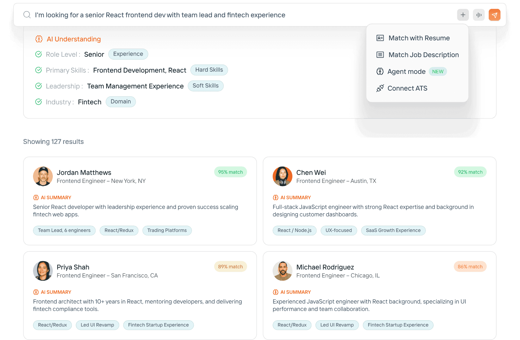 Candidately Candidate Search AI showing natural language search with AI-ranked candidate results and match scores