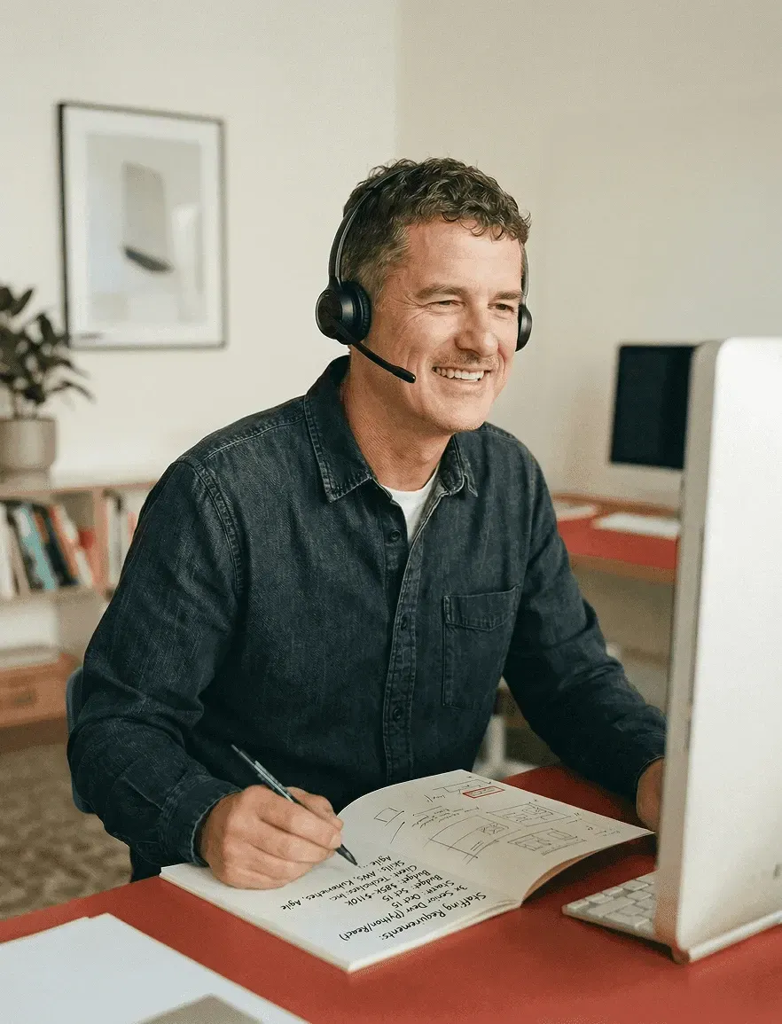 Recruiter sourcing talent with headset at desk, reviewing candidate notes